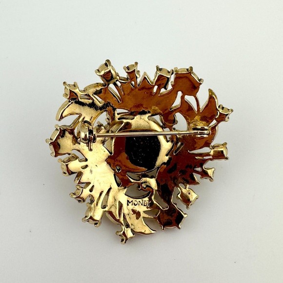 VTG Monet Brooch Goldtone Faux Pearl Cabochon Clear Rhinestone Enamel 2.75" - Picture 6 of 8